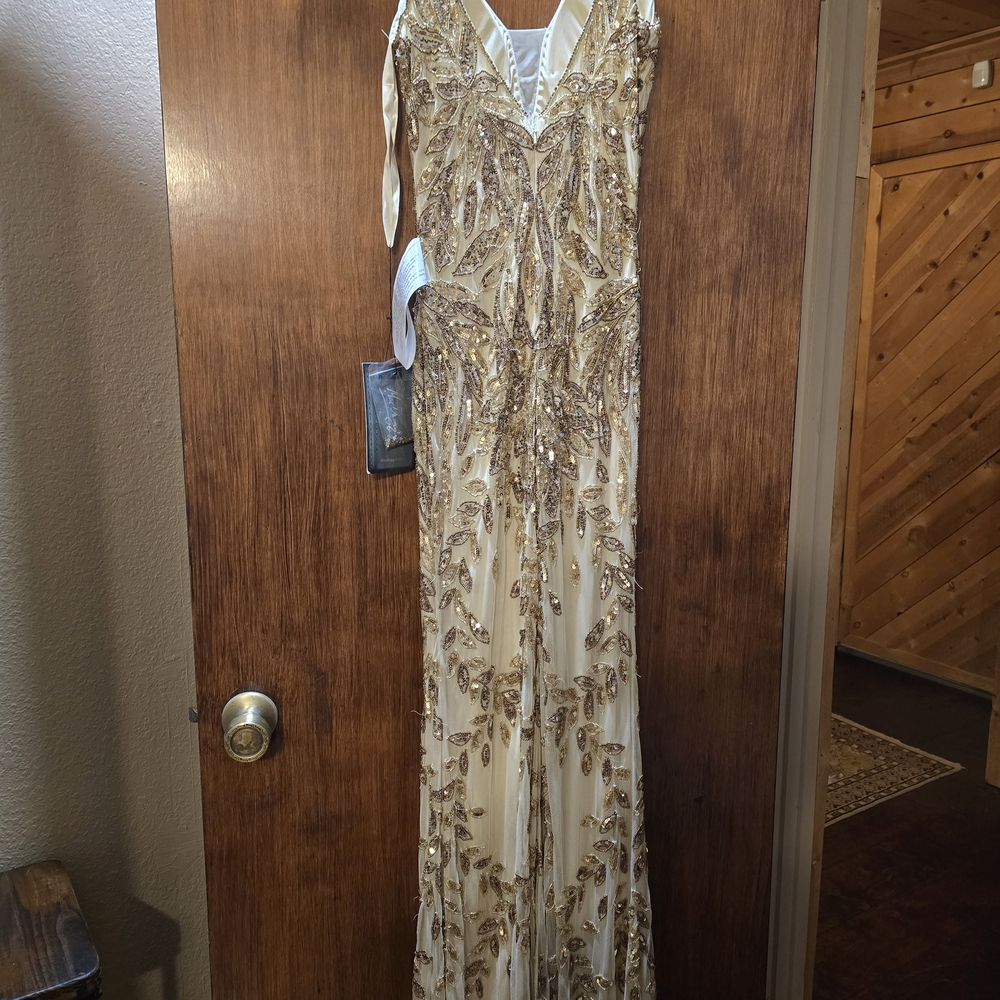 Mac Duggal Cream and Gold Embellished Wedding Dress